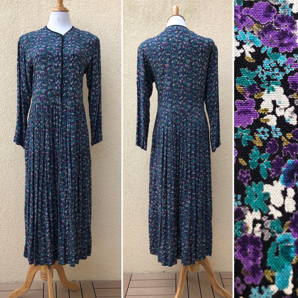 KOMIL 1980 Purple Green Grey black Calico Flower rayon midi dress made in India